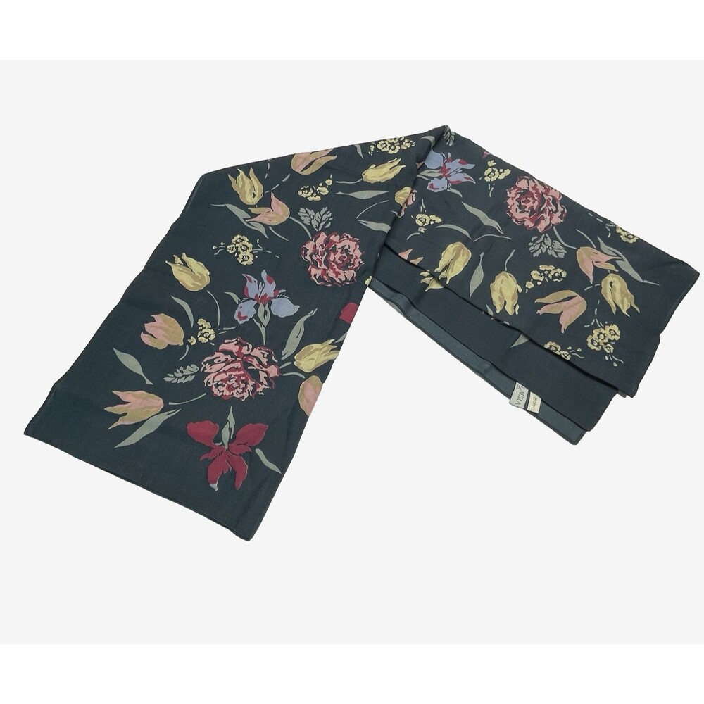 Laura Ashley 100% Wool Scarf Gray Pink Blue Yellow Floral Large Square